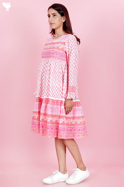 Cambric Cotton Short Tiered Dress In Block Print